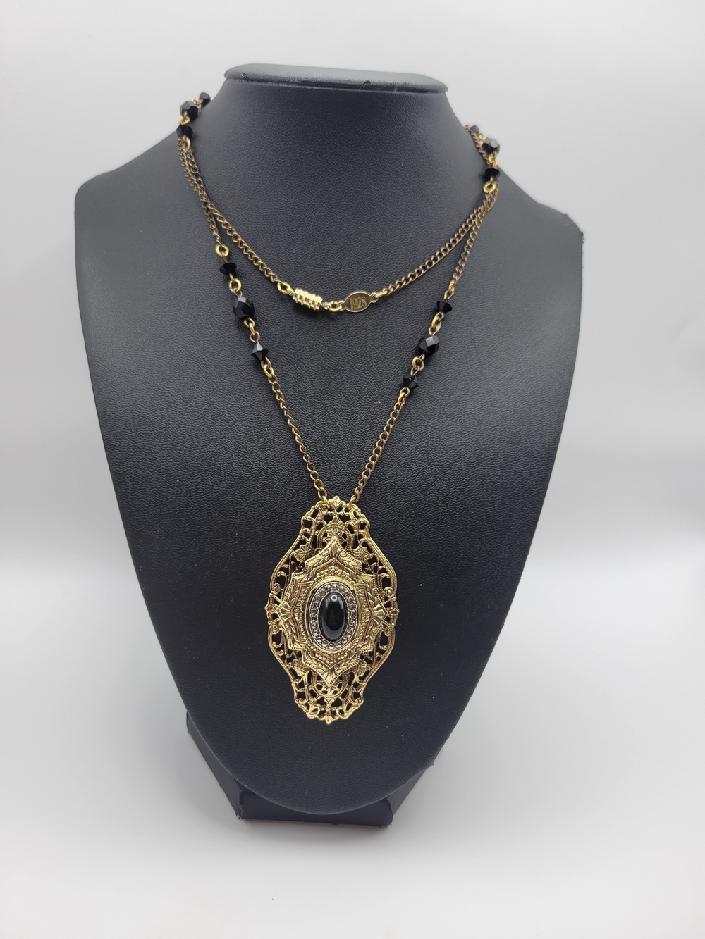 Vintage 1928 Gold Filigree Pendant Necklace with Black Accent